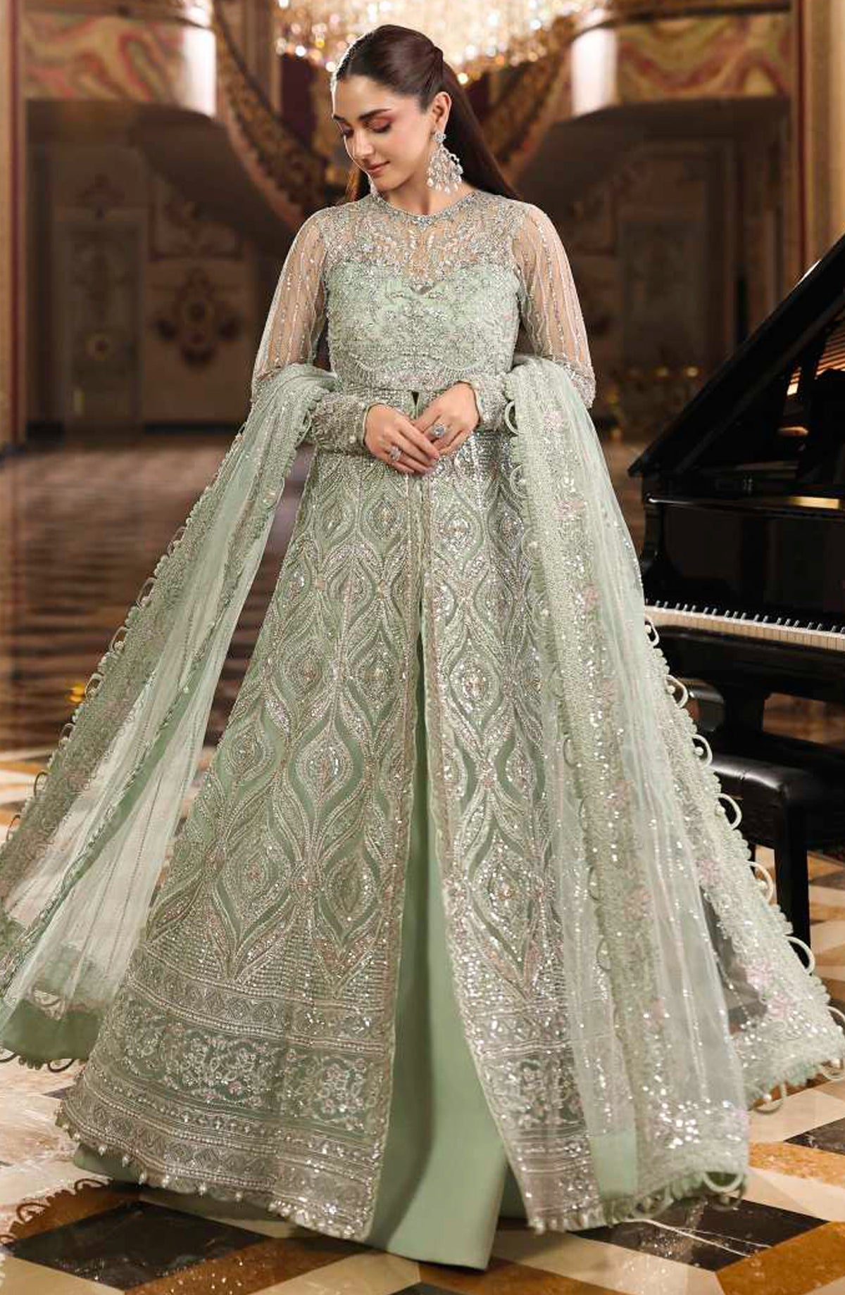 Elaf Stardom Formal Embroidered Poly Net Unstitched 3 Piece Suit - ESH-10 - EL25STR - Green - Luxury Collection