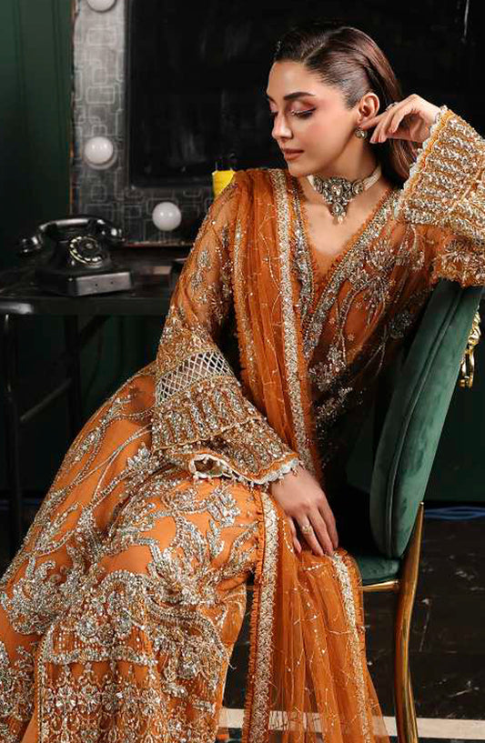 Elaf Stardom Formal Embroidered Poly Net Unstitched 3 Piece Suit - ESH-09 - EL25STR - Rust - Luxury Collection