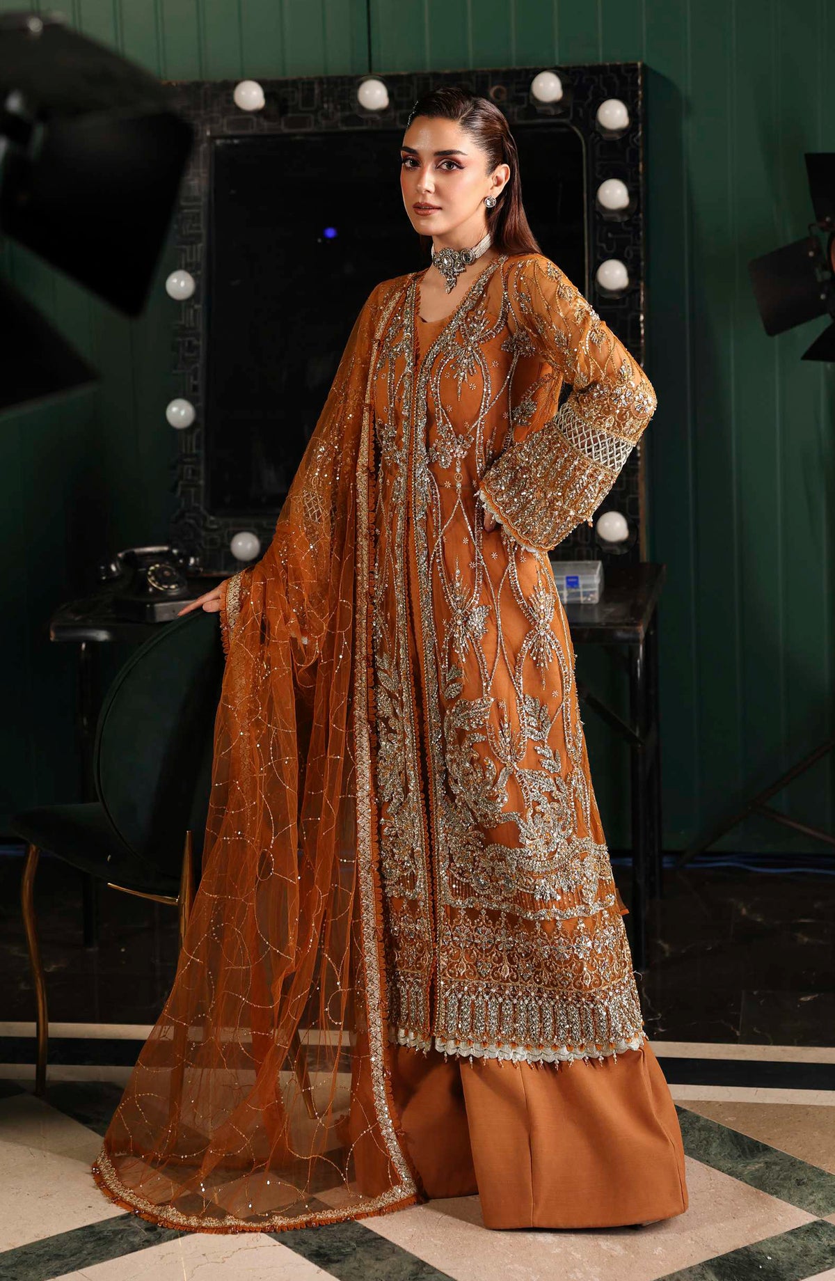 Elaf Stardom Formal Embroidered Poly Net Unstitched 3 Piece Suit - ESH-09 - EL25STR - Rust - Luxury Collection