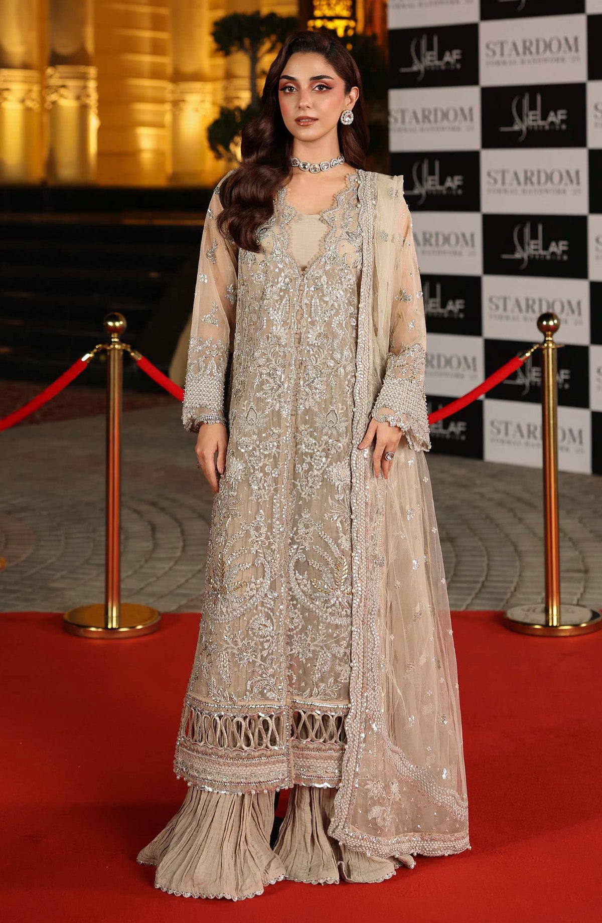 Elaf Stardom Formal Embroidered Organza Unstitched 3 Piece Suit - ESH-08 - EL25STR - Beige - Luxury Collection