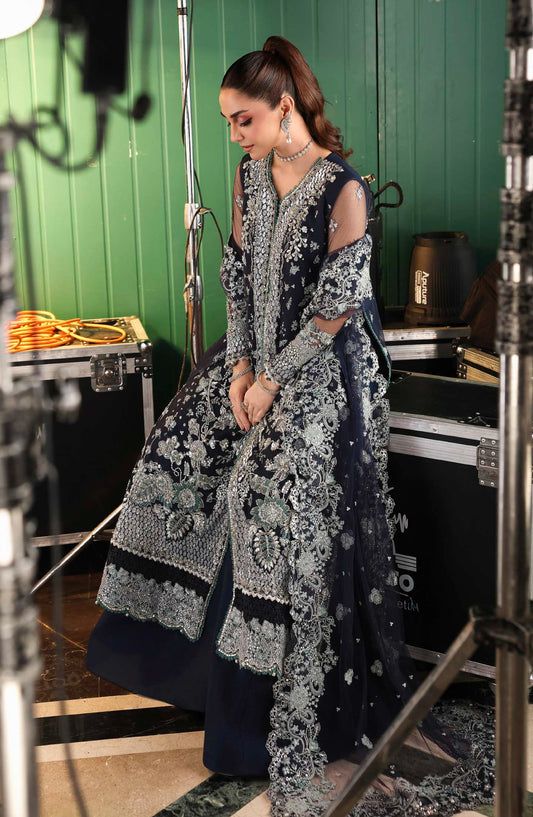 Elaf Stardom Formal Embroidered Poly Net Unstitched 3 Piece Suit - ESH-06 - EL25STR - Blue - Luxury Collection