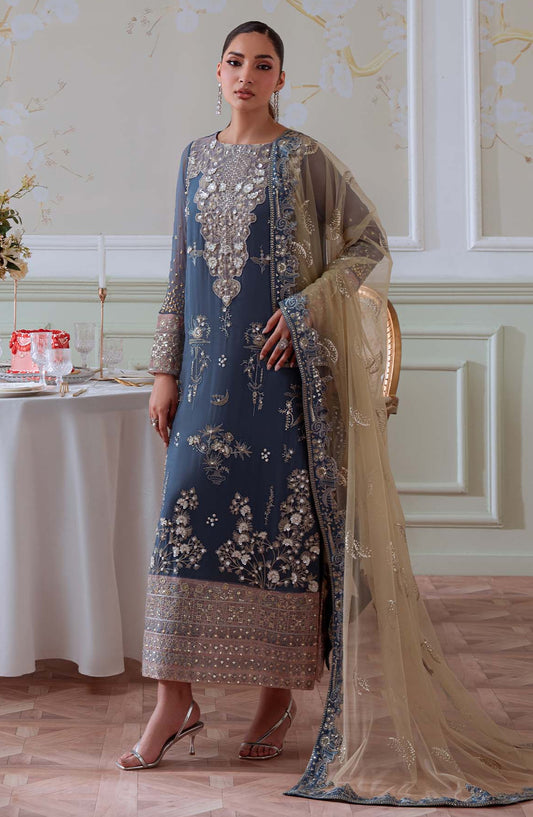 Elanora by Nureh Embroidered Chiffon Unstitched 3 Piece Suit - NEL-82 - NU25ELN - Blue - Formals Collection