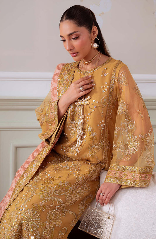 Elanora by Nureh Embroidered Net Unstitched 3 Piece Suit - NEL-81 - NU25ELN - Mustard - Formals Collection