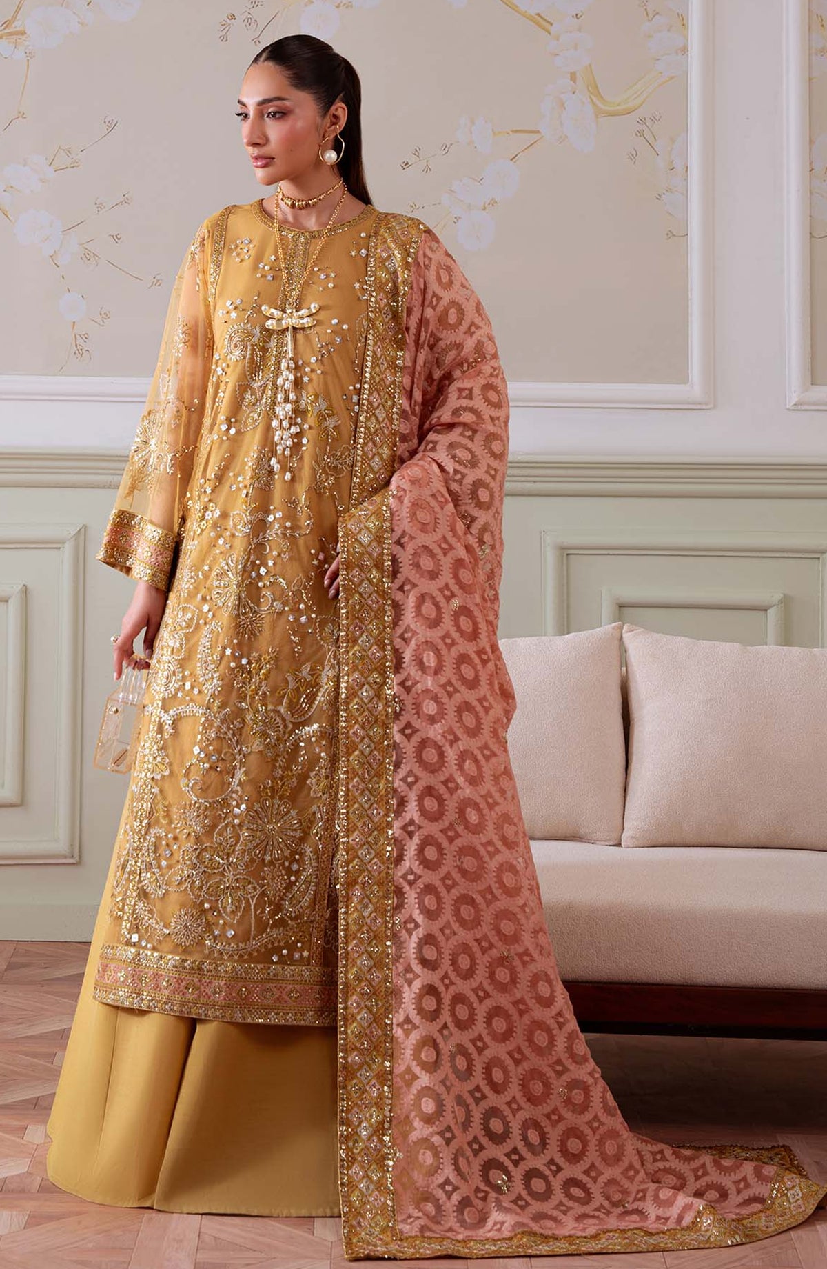 Elanora by Nureh Embroidered Net Unstitched 3 Piece Suit - NEL-81 - NU25ELN - Mustard - Formals Collection