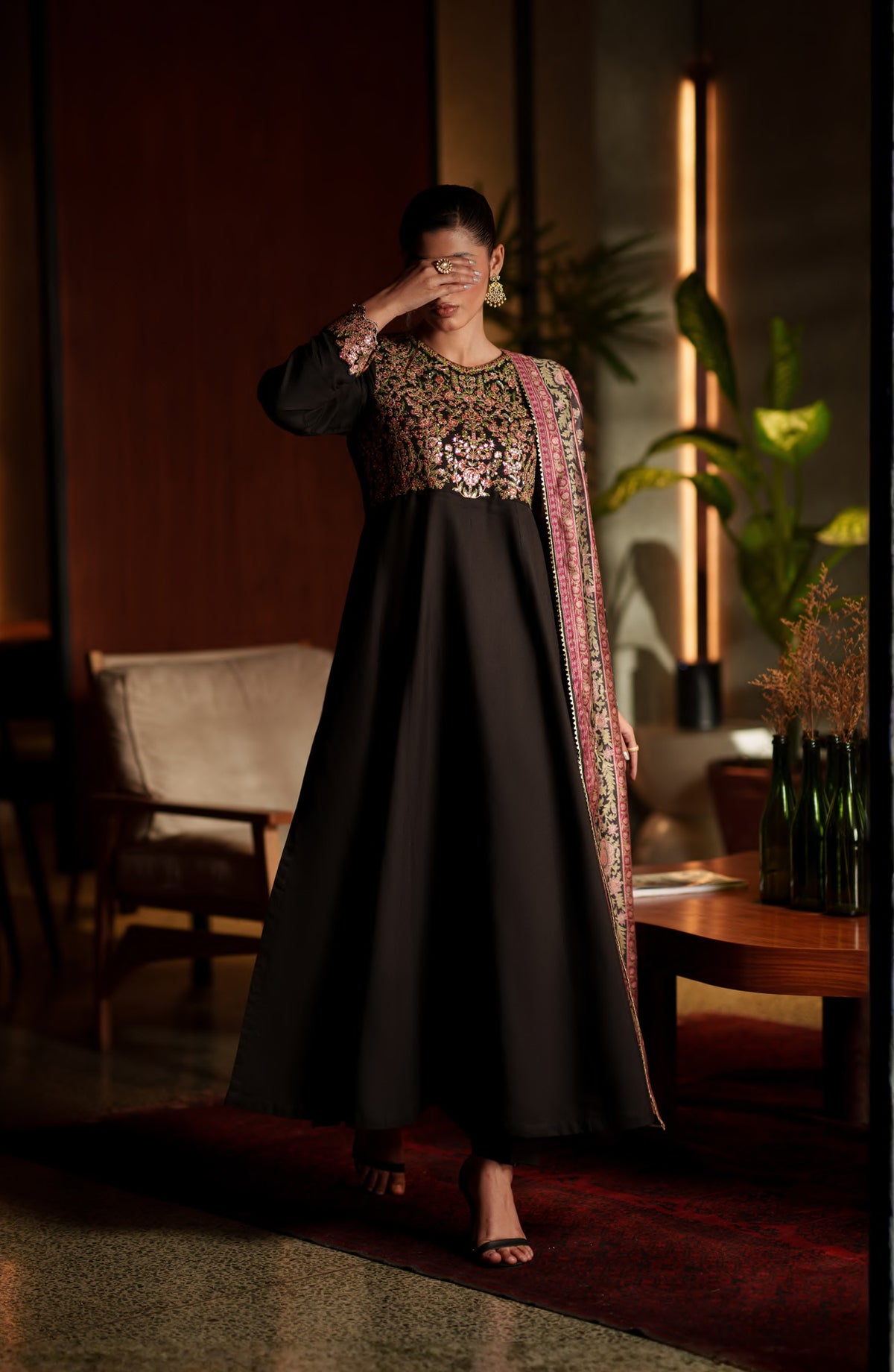 Elara by Casual Lite Embroidered Viscose Silk Stitched 3 Piece Suit - D-01 - CL26EL - Black - Festive Collection