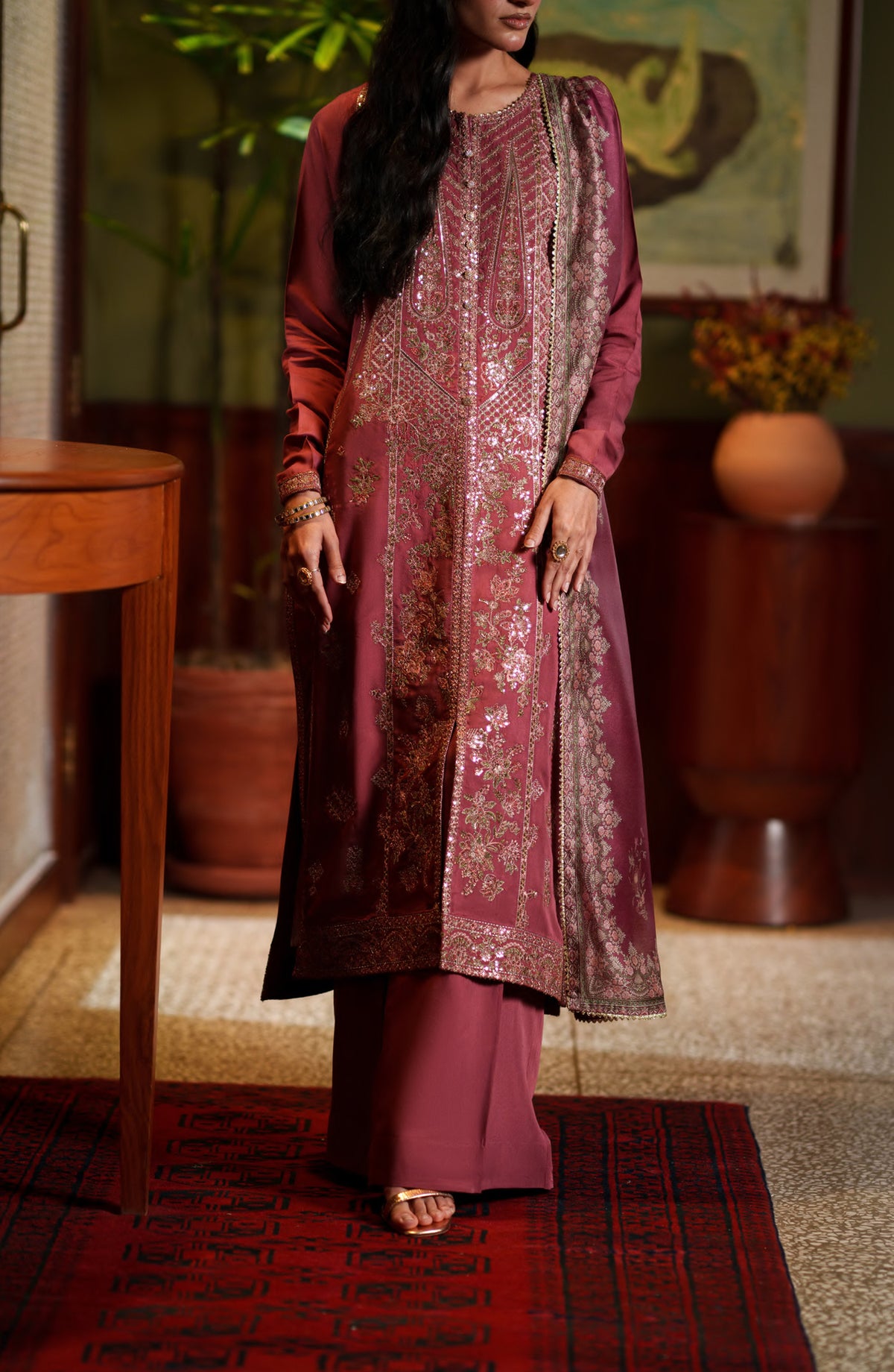 Elara by Casual Lite Embroidered Viscose Silk Stitched 3 Piece Suit - Maribel - CL26EL - Pink - Festive Collection