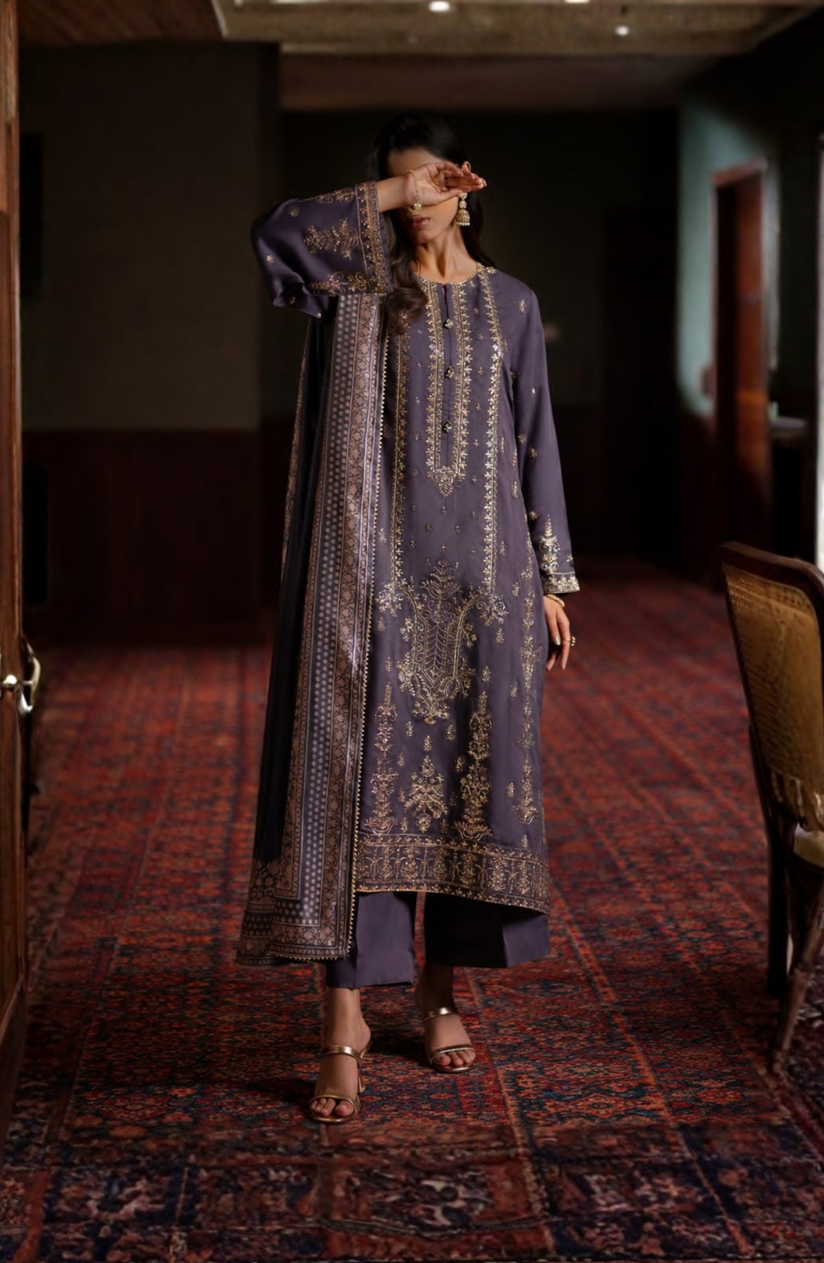 Elara by Casual Lite Embroidered Viscose Silk Stitched 3 Piece Suit - Noctavia - CL26EL - Purple - Festive Collection