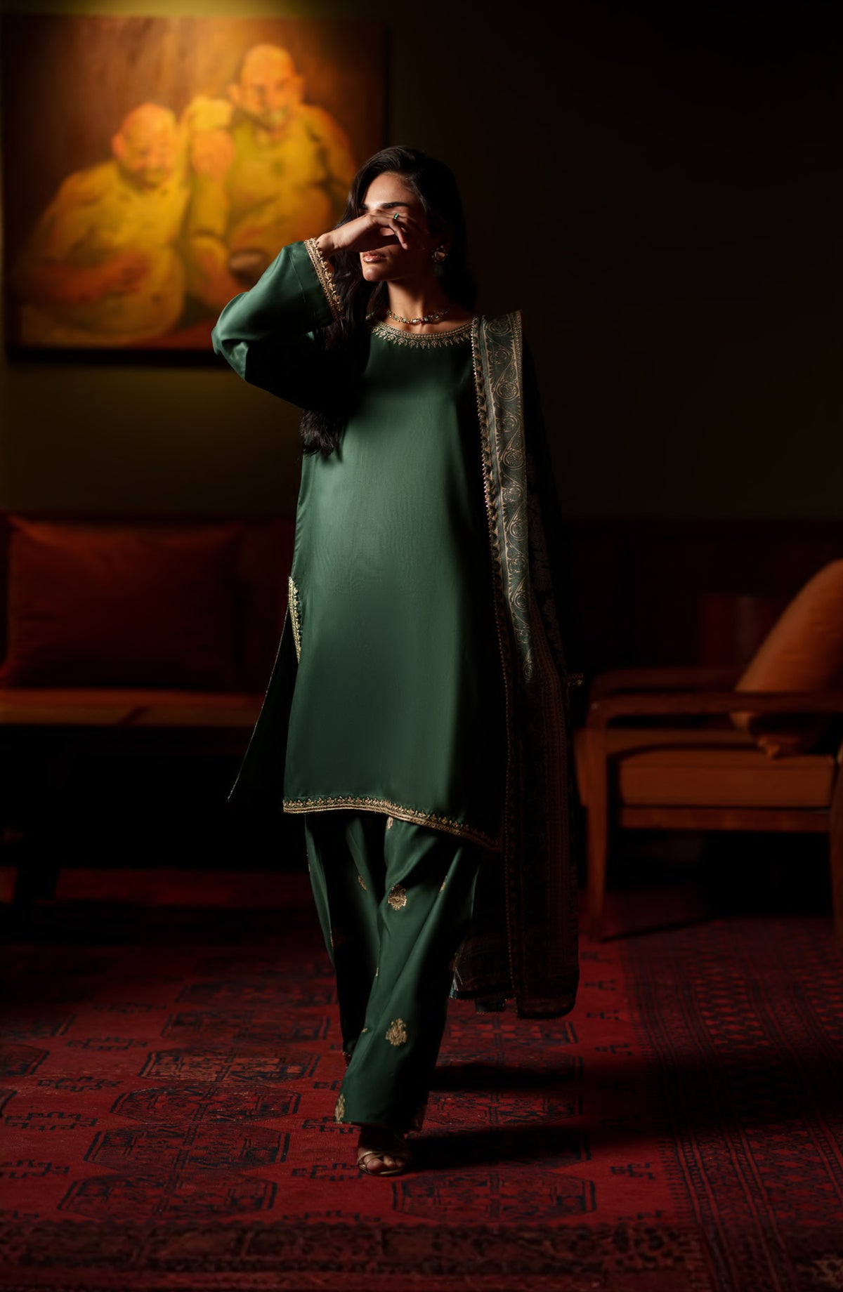 Elara by Casual Lite Embroidered Viscose Silk Stitched 3 Piece Suit - Serenique - CL26EL - Green - Festive Collection