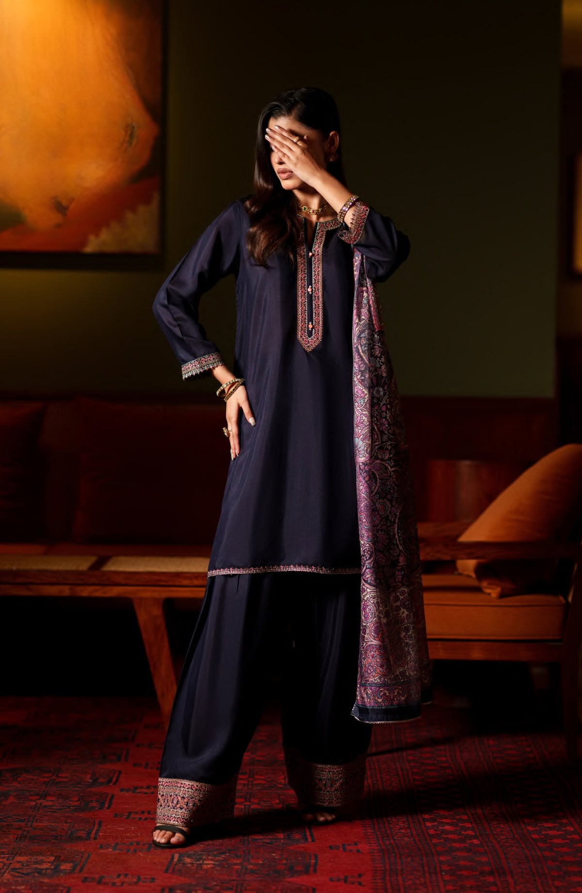 Elara by Casual Lite Embroidered Viscose Silk Stitched 3 Piece Suit - Aurelle - CL26EL - Blue - Festive Collection
