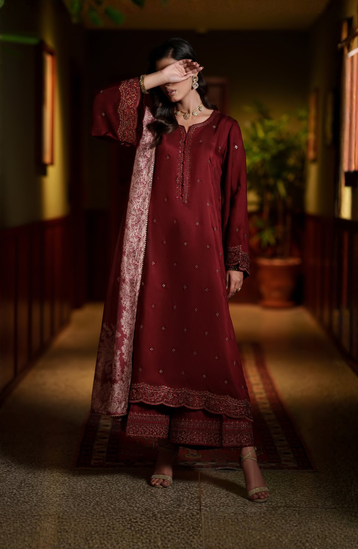 Elara by Casual Lite Embroidered Viscose Silk Stitched 3 Piece Suit - Aurelia Wine - CL26EL - Red - Festive Collection