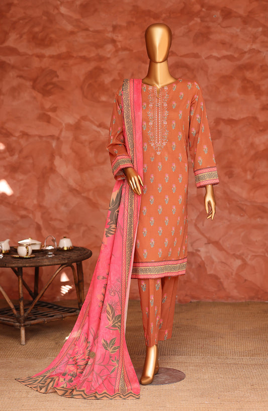 Elegant by HZ Embroidered Lawn Unstitched 3 Piece Suit - ELG-08 - HZ26EGNT - Rust - Summer Collection