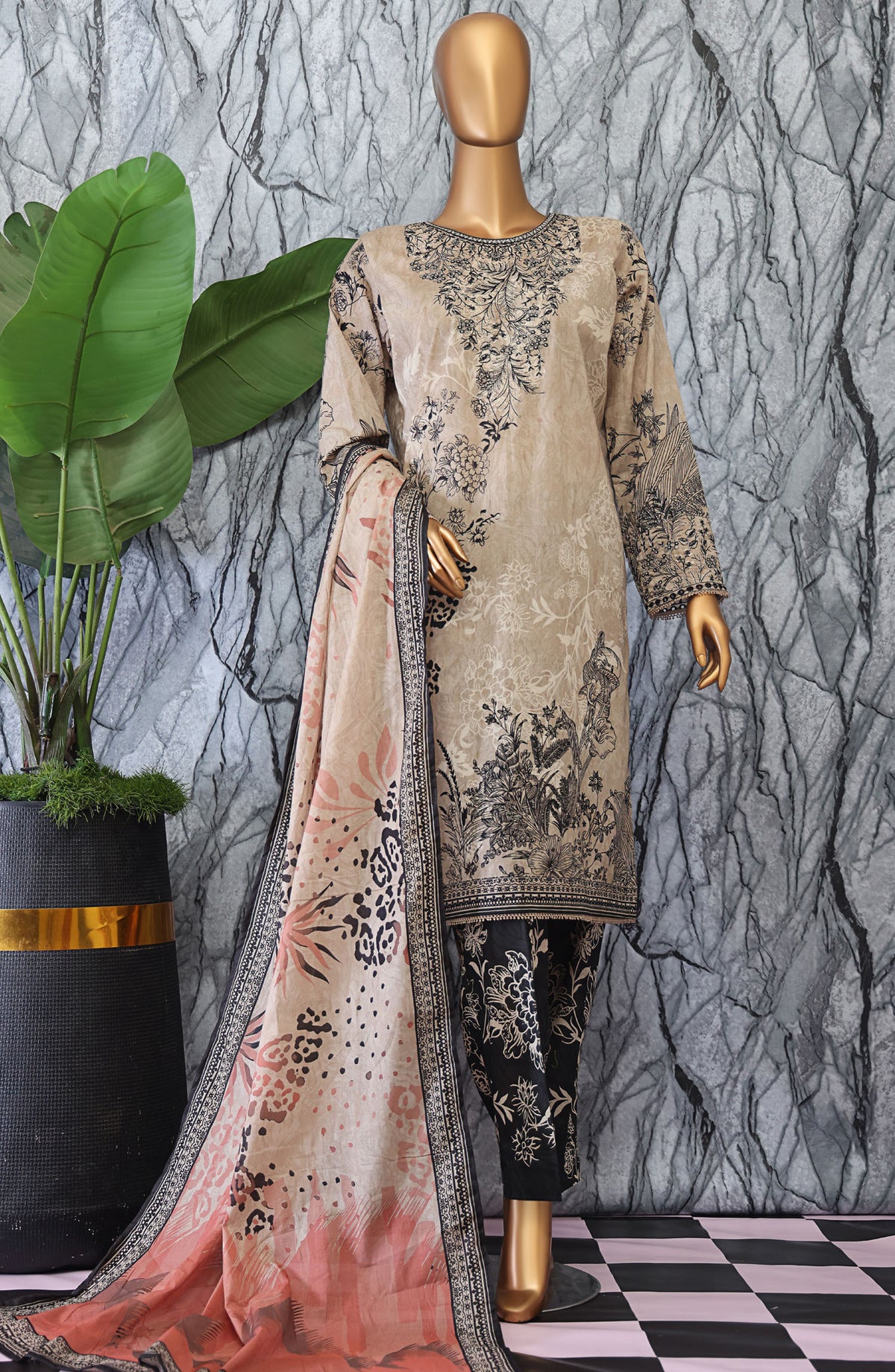 Elegant by HZ Textile Embroidered Lawn Unstitched 3 Piece Suit - EC-1044 - HZ25EGN2 - Brown - Summer Collection