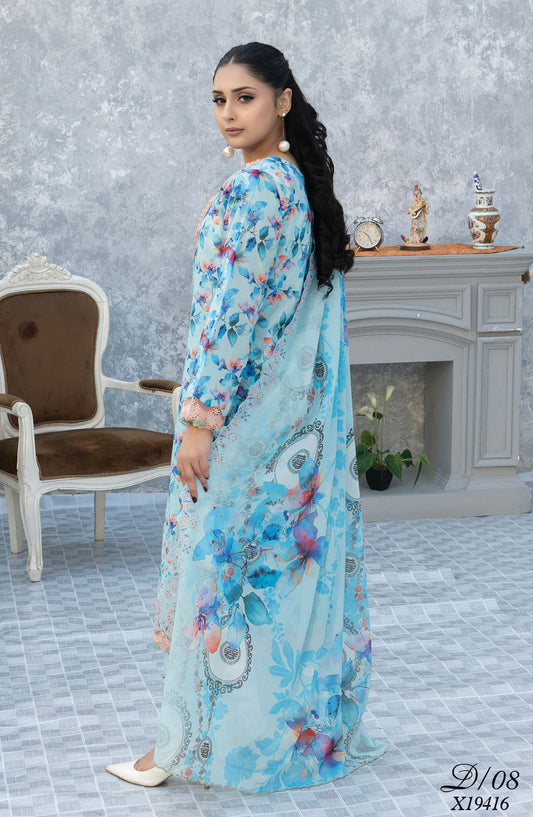 Elegant by Riaz Arts Embroidered Lawn Unstitched 3 Piece Suit - D-08 - RA26LG - Blue - Summer Collection