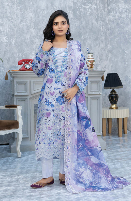 Elegant by Riaz Arts Embroidered Lawn Unstitched 3 Piece Suit - D-06 - RA26LG - Blue - Summer Collection
