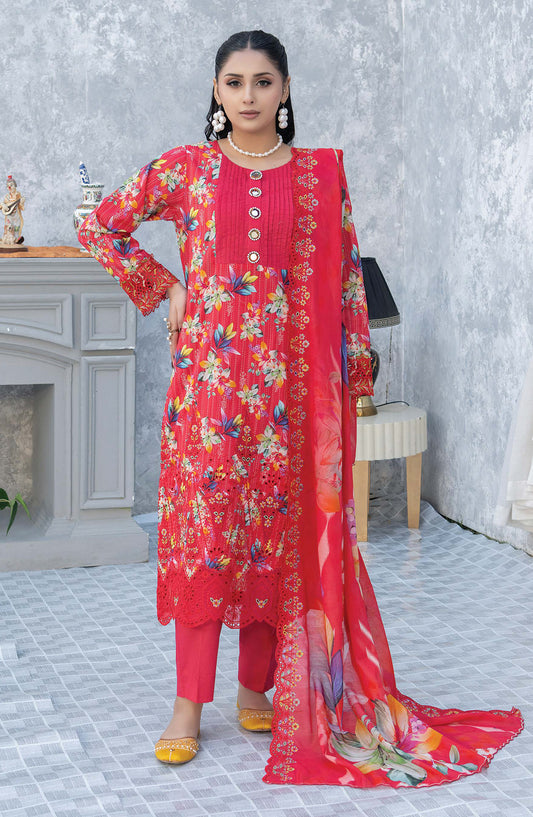Elegant by Riaz Arts Embroidered Lawn Unstitched 3 Piece Suit - D-04 - RA26LG - Red - Summer Collection