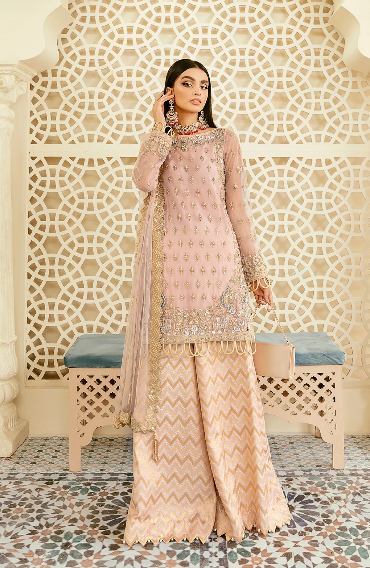 Elinor by Akbar Aslam Luxury Embroidered Net Unstitched 3 Piece Suit - Oriole - AKA25ELN - Pink - Festive Collection