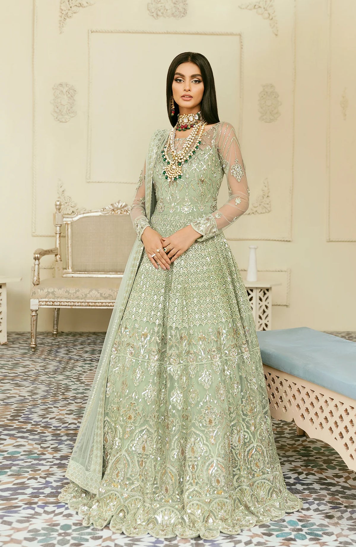 Elinor by Akbar Aslam Luxury Embroidered Net Unstitched 3 Piece Suit - Florican - AKA25ELN - Green - Festive Collection