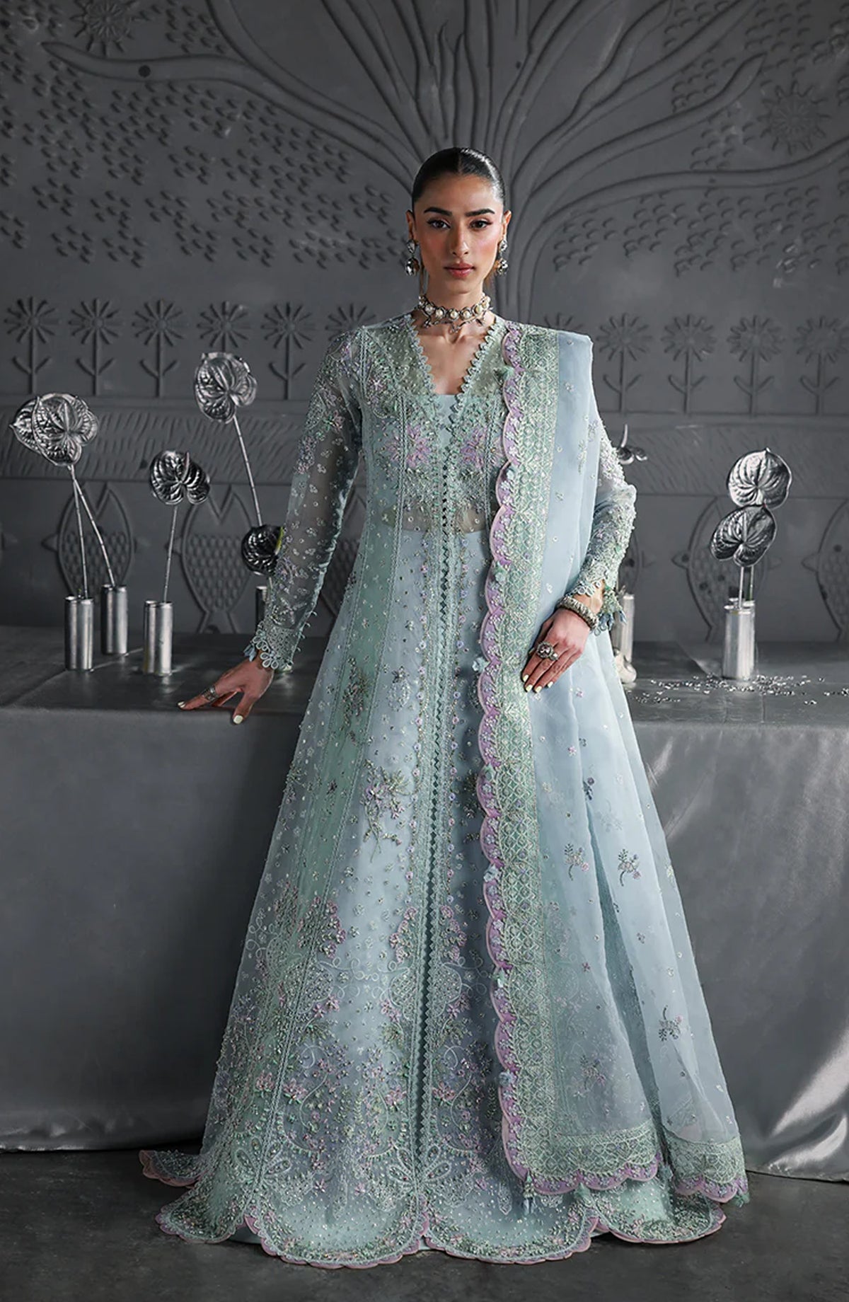 Elirah by Qalamkar Luxury Embroidered Organza Unstitched 3 Piece Suit - MF-08 SERENE AQUA - QL25ELR - Blue - Formals Collection
