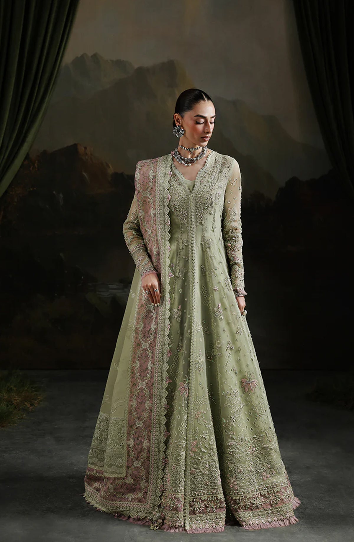 Elirah by Qalamkar Luxury Embroidered Organza Unstitched 3 Piece Suit - MF-02 SAGE AURA - QL25ELR - Green - Formals Collection