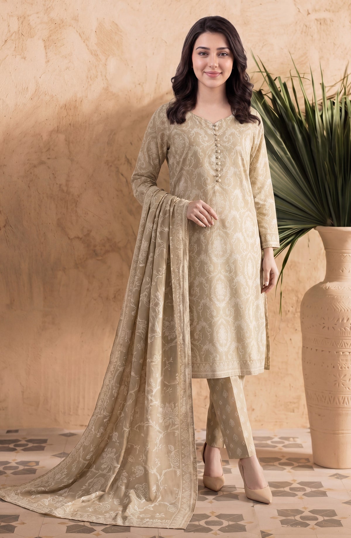 Elvan by Tawakkal Fabrics Printed Lawn Stitched 3 Piece Suit - D-4060 - TF26ELV - Beige - Summer Collection