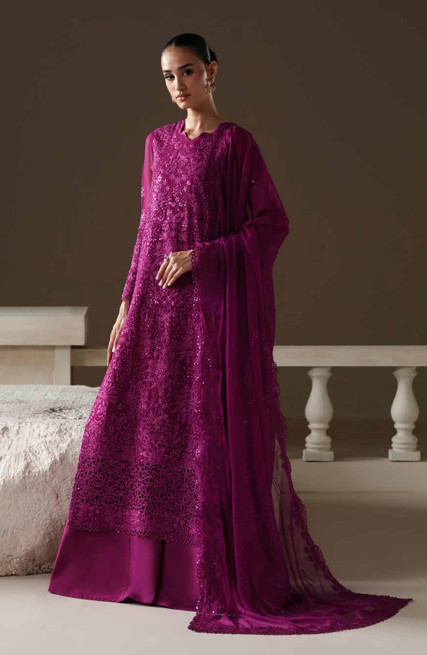 Emaan Adeel Modern Heirloom Embroidered Chiffon Unstitched 3 Piece Suit - D-1 Rose Memoir - ED26MH - Pink - Festive Collection