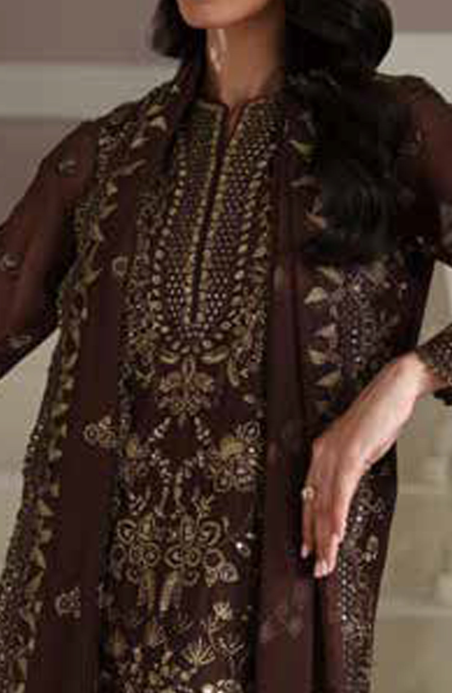 Emaan Adeel Modern Heirloom Embroidered Chiffon Unstitched 3 Piece Suit - D-2 Adelia - ED26MH - Brown - Festive Collection