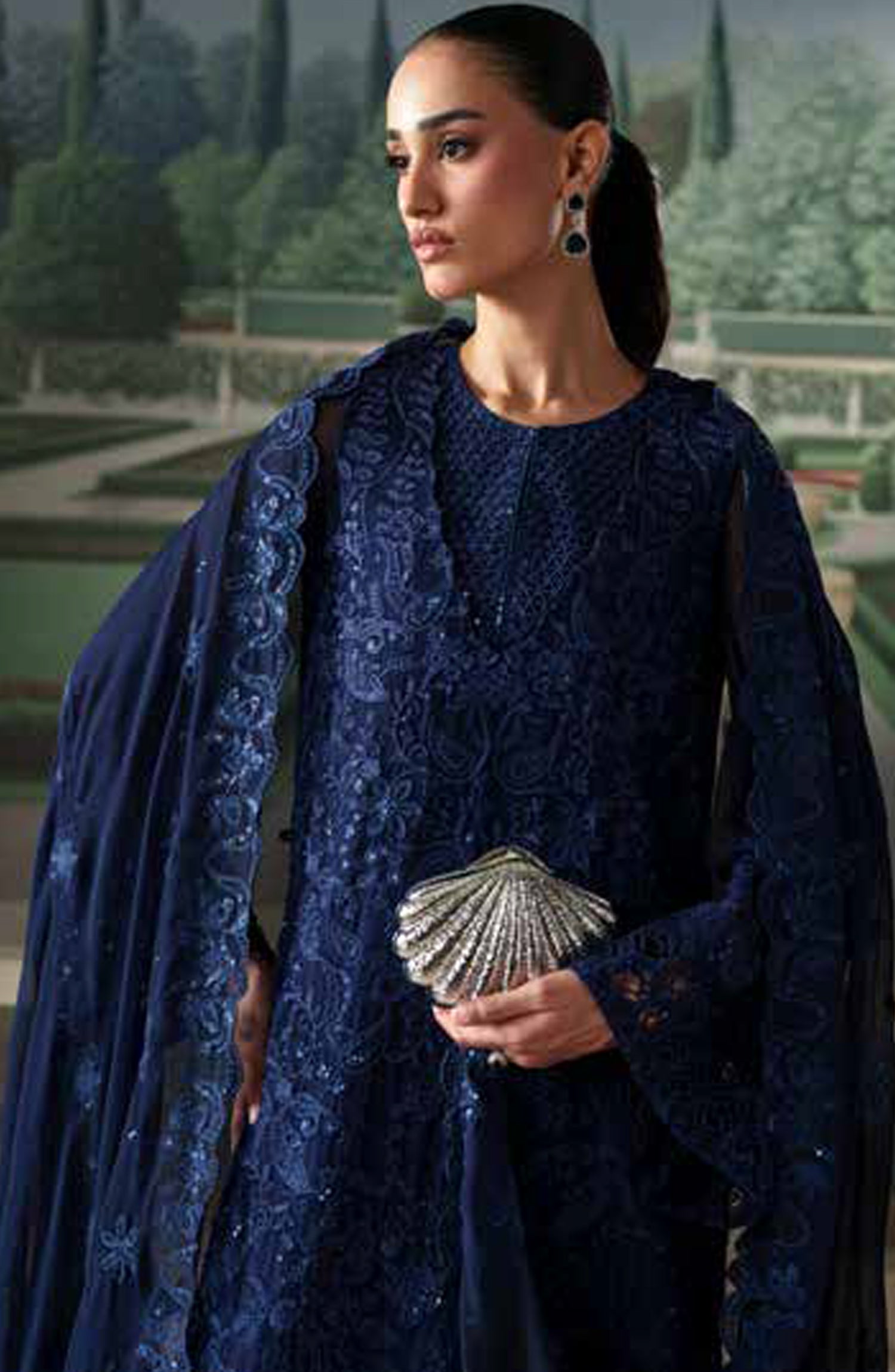 Emaan Adeel Modern Heirloom Embroidered Chiffon Unstitched 3 Piece Suit - D-3 Coralia - ED26MH - Blue - Festive Collection