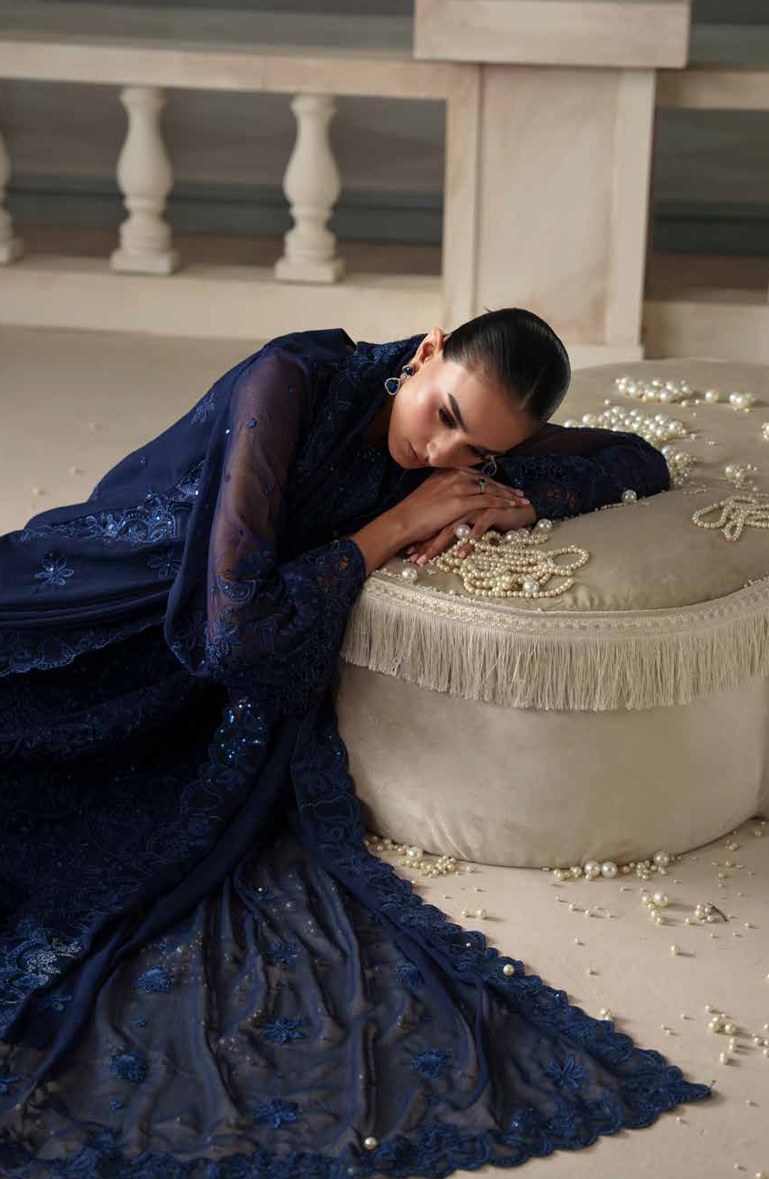 Emaan Adeel Modern Heirloom Embroidered Chiffon Unstitched 3 Piece Suit - D-3 Coralia - ED26MH - Blue - Festive Collection