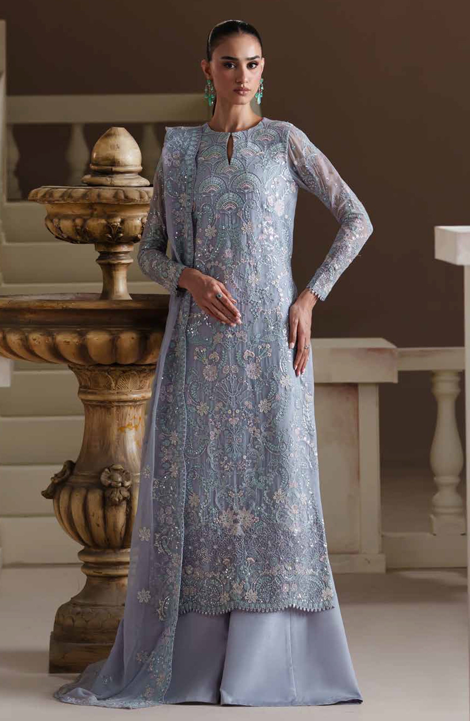Emaan Adeel Modern Heirloom Embroidered Chiffon Unstitched 3 Piece Suit - D-5 Blue Verse - ED26MH - Blue - Festive Collection