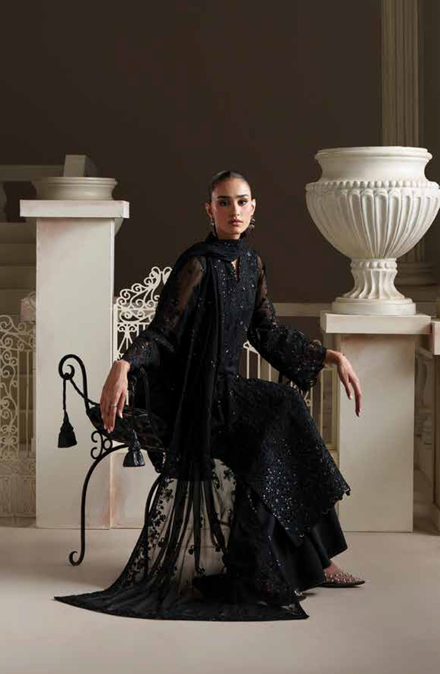 Emaan Adeel Modern Heirloom Embroidered Chiffon Unstitched 3 Piece Suit - D-6 Ottile - ED26MH - Black - Festive Collection