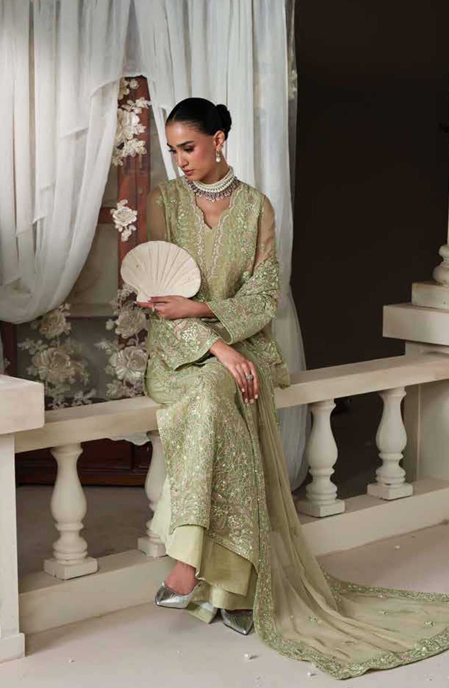 Emaan Adeel Modern Heirloom Embroidered Chiffon Unstitched 3 Piece Suit - D-7 Modern Belle - ED26MH - Green - Festive Collection