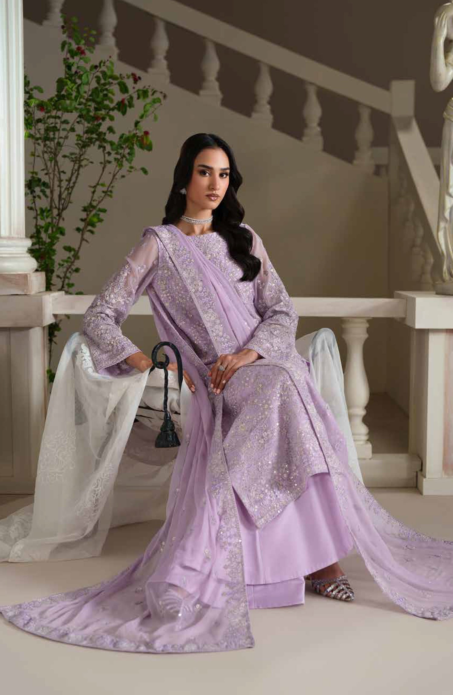 Emaan Adeel Modern Heirloom Embroidered Chiffon Unstitched 3 Piece Suit - D-8 Emmeline - ED26MH - Purple - Festive Collection