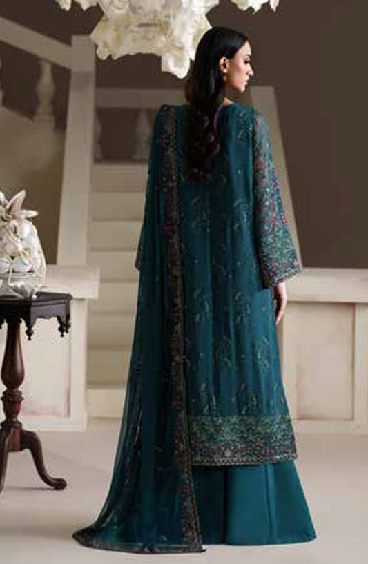Emaan Adeel Modern Heirloom Embroidered Chiffon Unstitched 3 Piece Suit - D-9 Antique Charm - ED26MH - Teal - Festive Collection