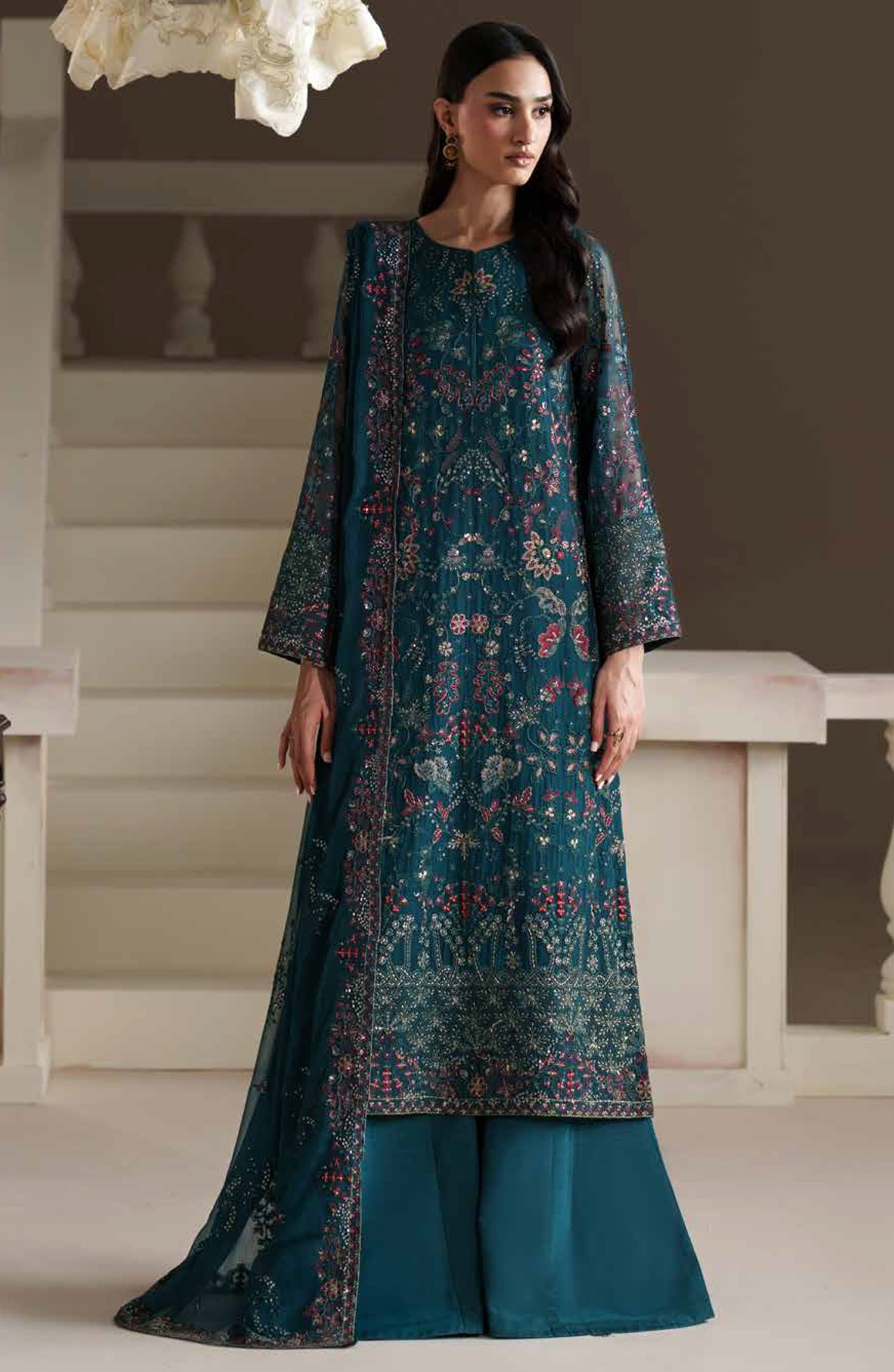 Emaan Adeel Modern Heirloom Embroidered Chiffon Unstitched 3 Piece Suit - D-9 Antique Charm - ED26MH - Teal - Festive Collection