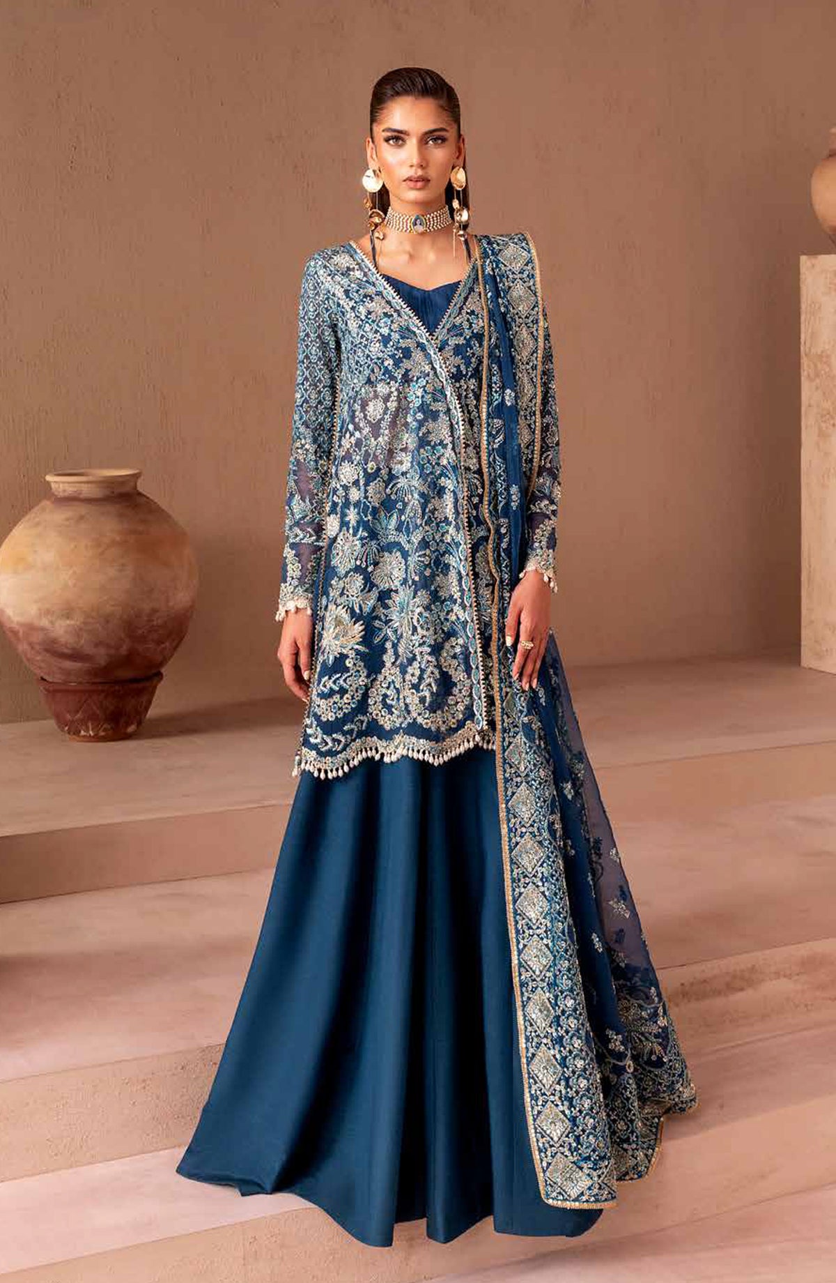 Emaan Adeel Clay and Couture Embroidered Organza Unstitched 3 Piece Suit - ELARA - ED25CC - Blue - Wedding Collection