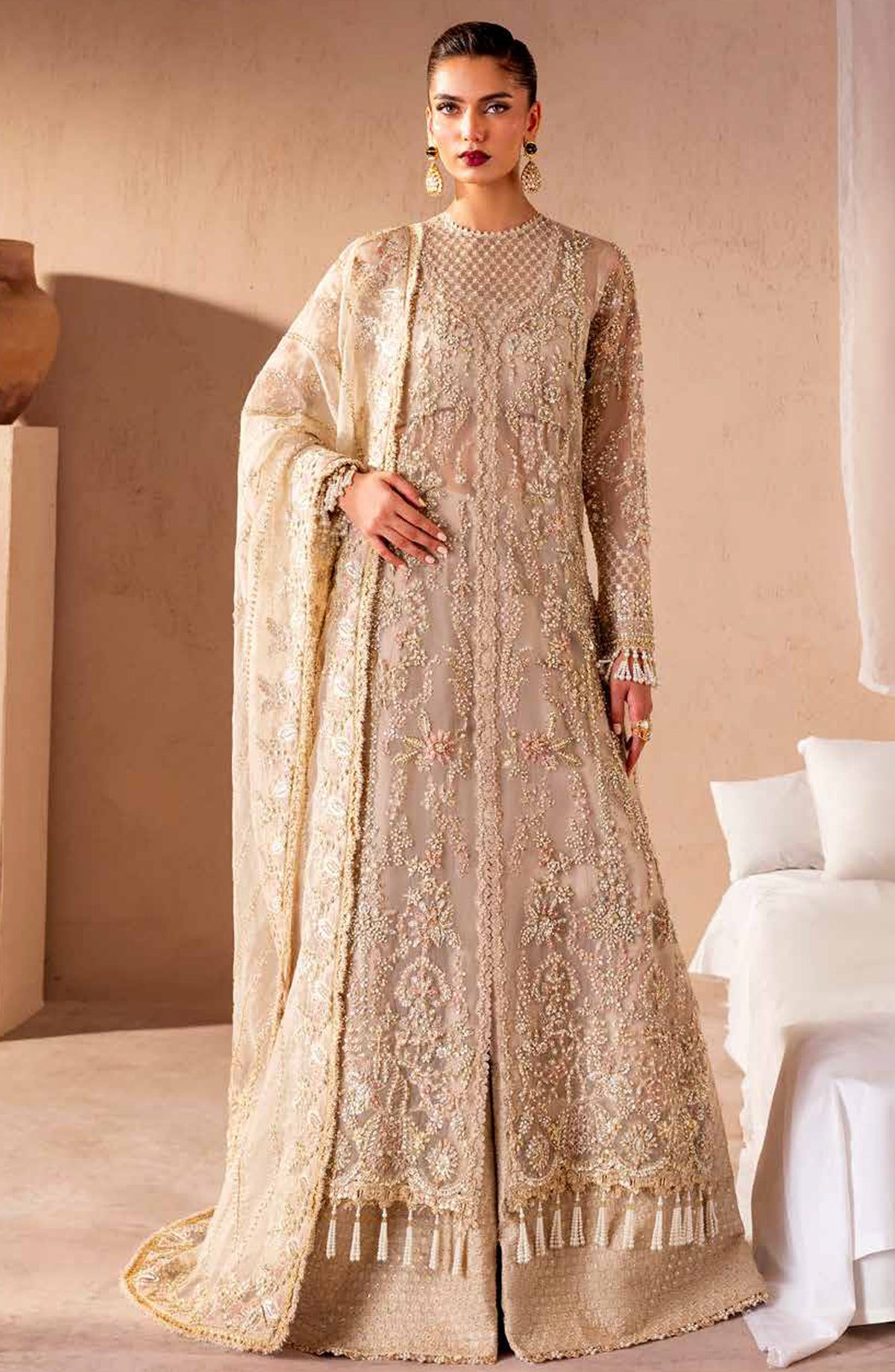 Emaan Adeel Clay and Couture Embroidered Organza Unstitched 3 Piece Suit - MALENA - ED25CC - Fawn - Wedding Collection
