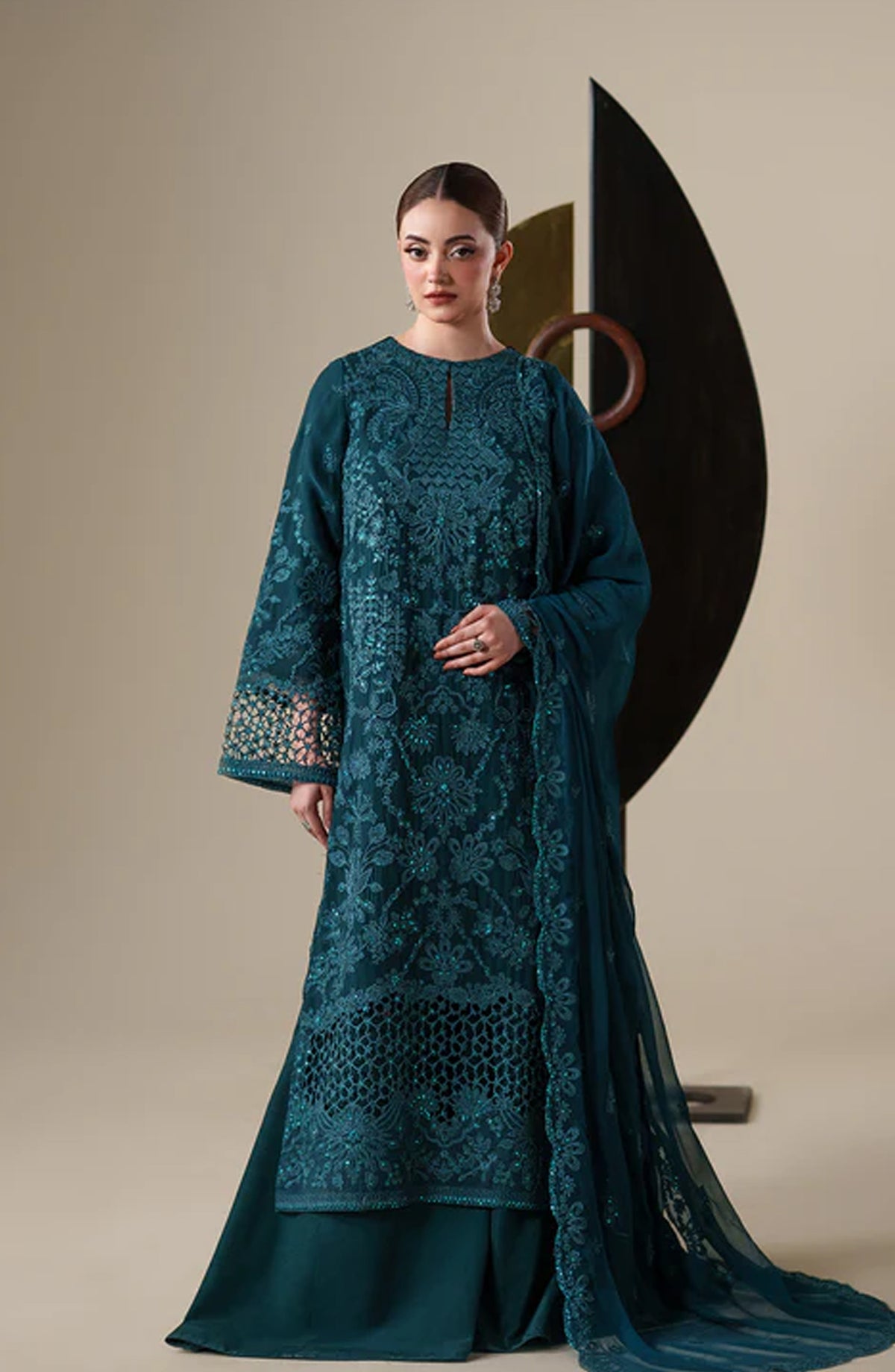 Emaan Adeel Nouvelle Embroidered Chiffon Unstitched 3 Piece Suit - 05 Eira - ED26NV - Teal - Luxury Collection