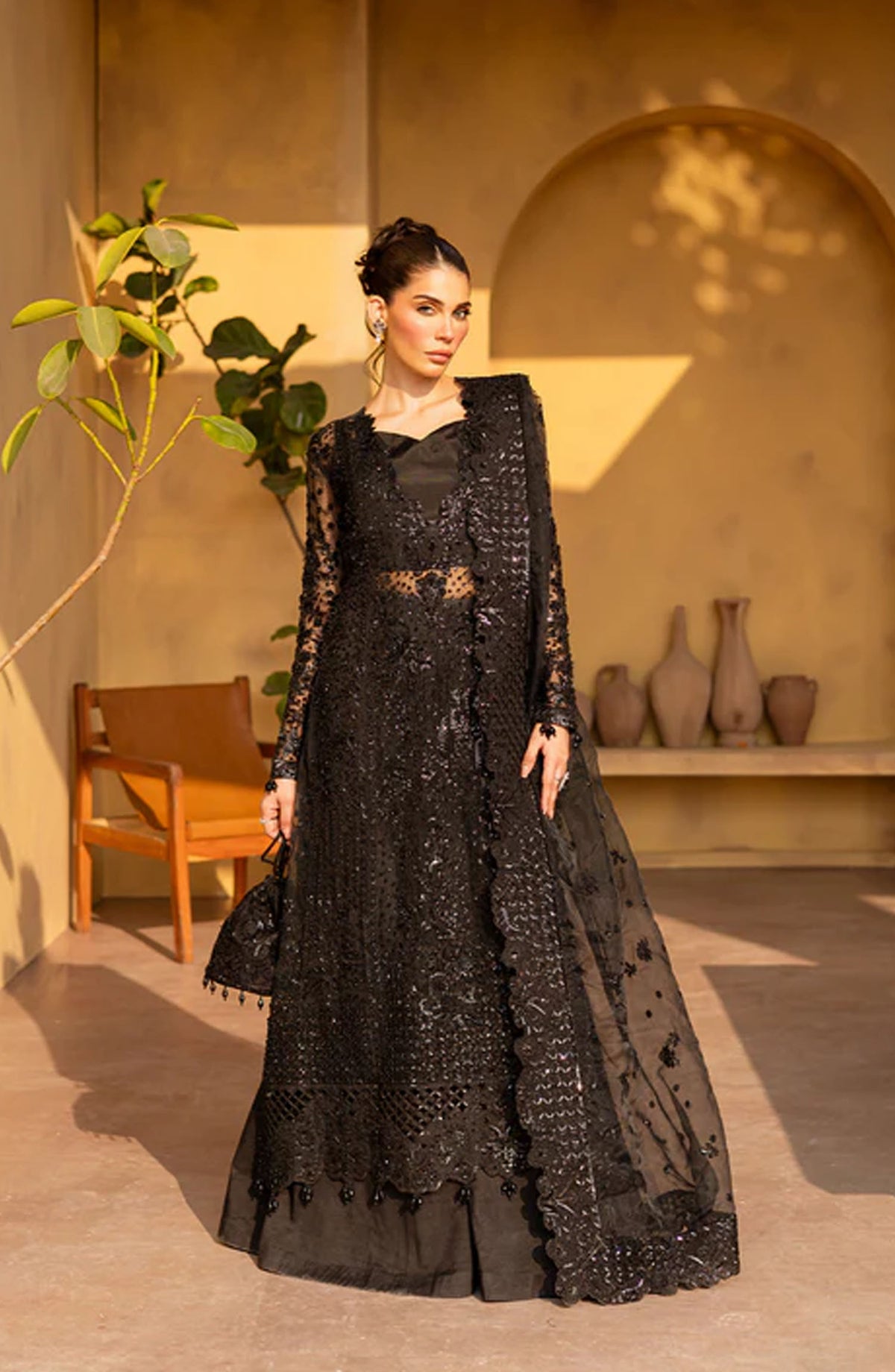 Emaan Adeel Regalia Luxury Formals Embroidered Organza Unstitched 3 Piece Suit - ED25RGLF - VELVRA - Black - Festive Collection