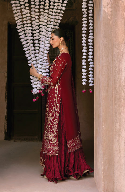 Emaan Adeel The Empress Wedding Formals Embroidered Chiffon Unstitched 3 Piece Suit - Rosmyn - ED25TEW - Red - Festive Collection