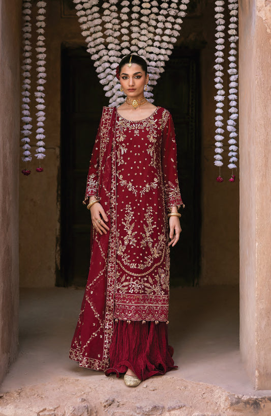 Emaan Adeel The Empress Wedding Formals Embroidered Chiffon Unstitched 3 Piece Suit - Rosmyn - ED25TEW - Red - Festive Collection