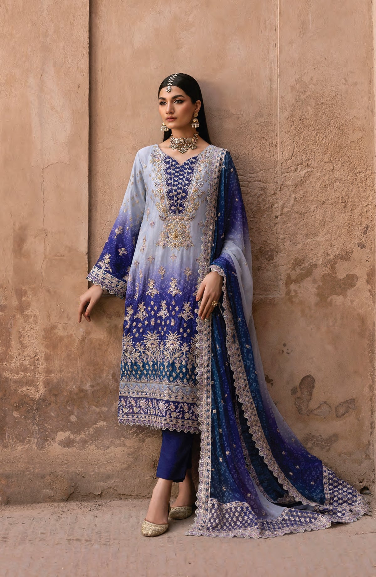 Emaan Adeel The Empress Wedding Formals Embroidered Chiffon Unstitched 3 Piece Suit - Aurevia - ED25TEW - Blue - Festive Collection
