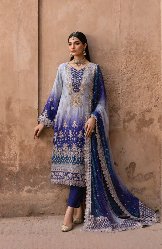 Emaan Adeel The Empress Wedding Formals Embroidered Chiffon Unstitched 3 Piece Suit - Aurevia - ED25TEW - Blue - Festive Collection