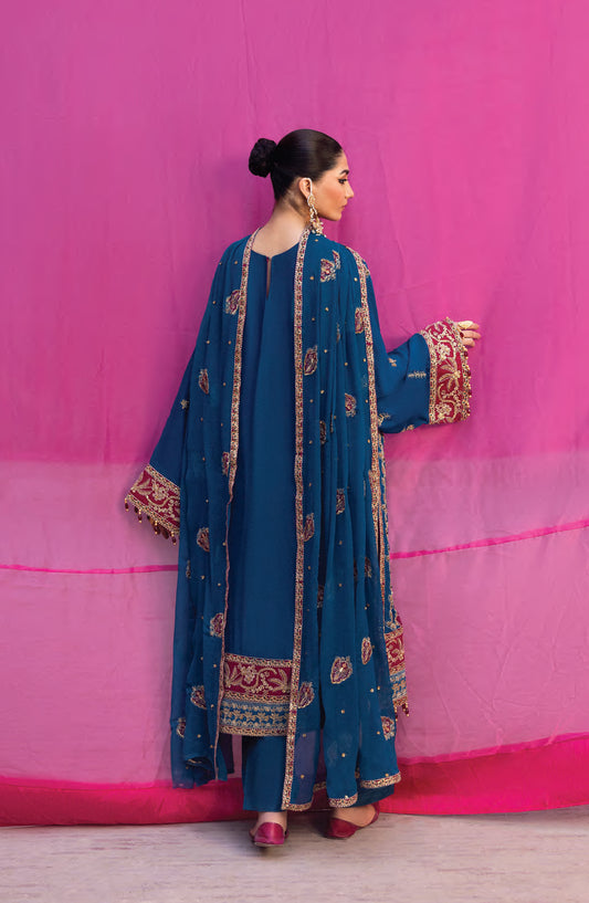 Emaan Adeel The Empress Wedding Formals Embroidered Chiffon Unstitched 3 Piece Suit - Velanis - ED25TEW - Blue - Festive Collection
