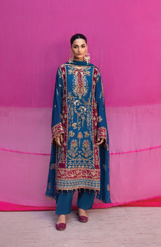 Emaan Adeel The Empress Wedding Formals Embroidered Chiffon Unstitched 3 Piece Suit - Velanis - ED25TEW - Blue - Festive Collection