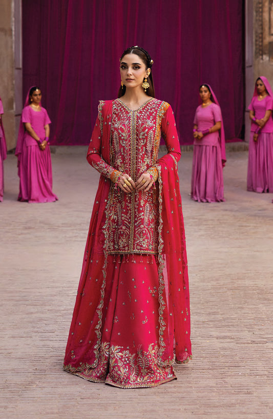 Emaan Adeel The Empress Wedding Formals Embroidered Chiffon Unstitched 3 Piece Suit - Maelissa - ED25TEW - Red - Festive Collection