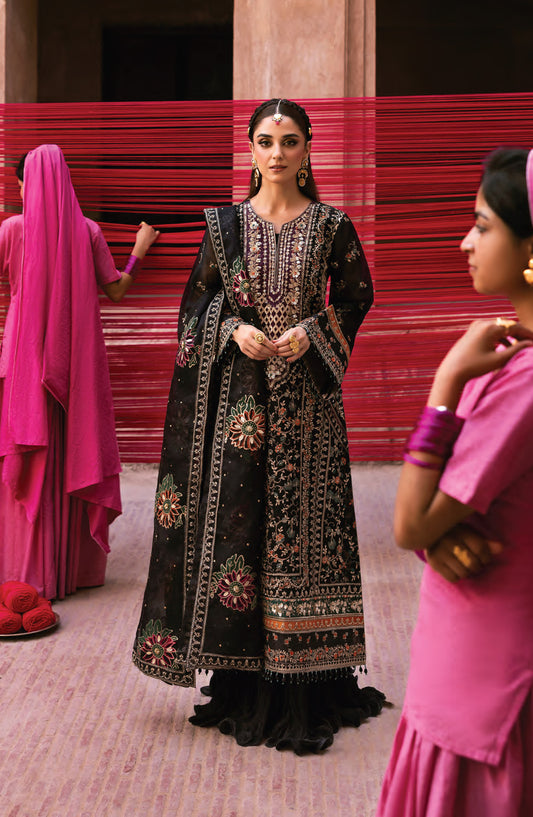 Emaan Adeel The Empress Wedding Formals Embroidered Organza Unstitched 3 Piece Suit - Noctelle - ED25TEW - Black - Festive Collection