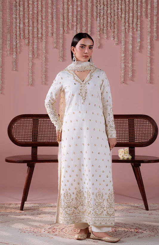 Emaan Adeel Embroidered Raw Silk Unstitched 3 Piece Suit - MAHJABEEN - ED26FS - White - Festive Collection