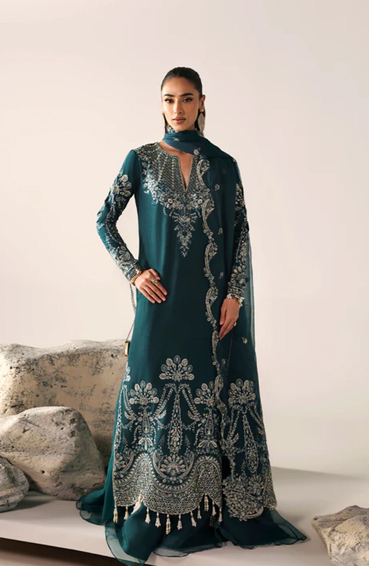 Emaan Adeel Embroidered Raw Silk Unstitched 3 Piece Suit - STARLIGHT SWAY - ED26FS - Teal - Festive Collection