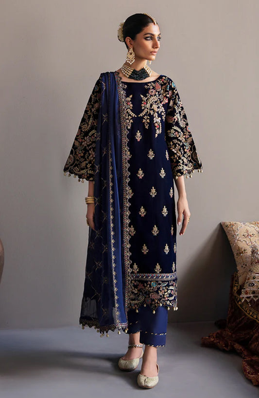 Emaan Adeel Embroidered Velvet Unstitched 3 Piece Suit - MK-03 Falak - ED26FS - Blue - Festive Collection