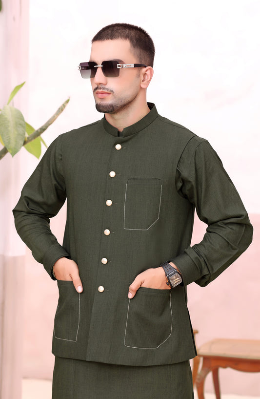 TGM The Royal Edit Premium Blended Material Stitched Three Piece with matching Suit - Emerald Crest (3pc) - TGM26ROY - Green - Men Festive Collection